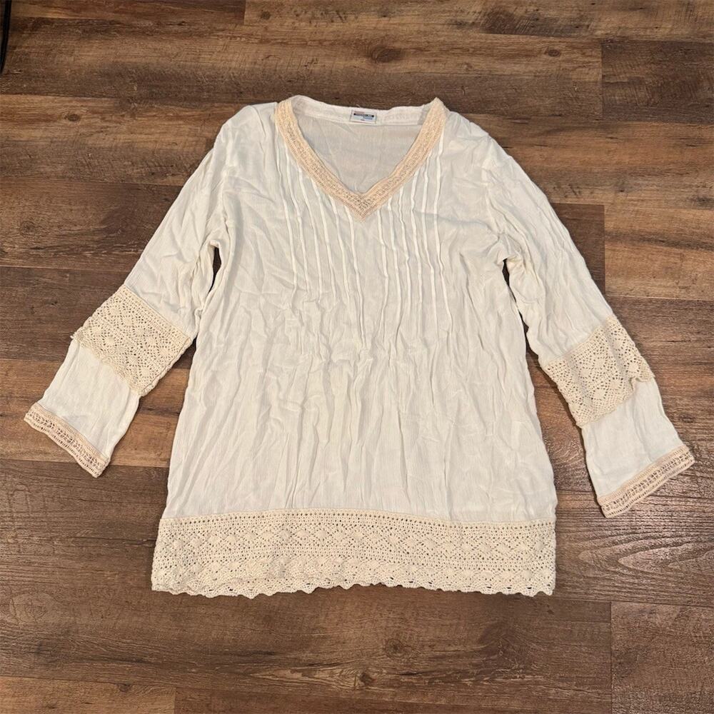 Shoreline Gauzy Tunic Top Swim Cover Up XL Ivory Boho V-Neck Crochet Lace Beach